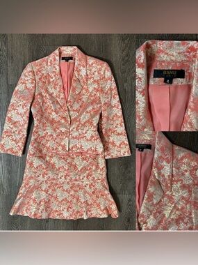 Banu Paris Coral Pink / brushed Gold brocade jacket and a skirt suit set Size 4